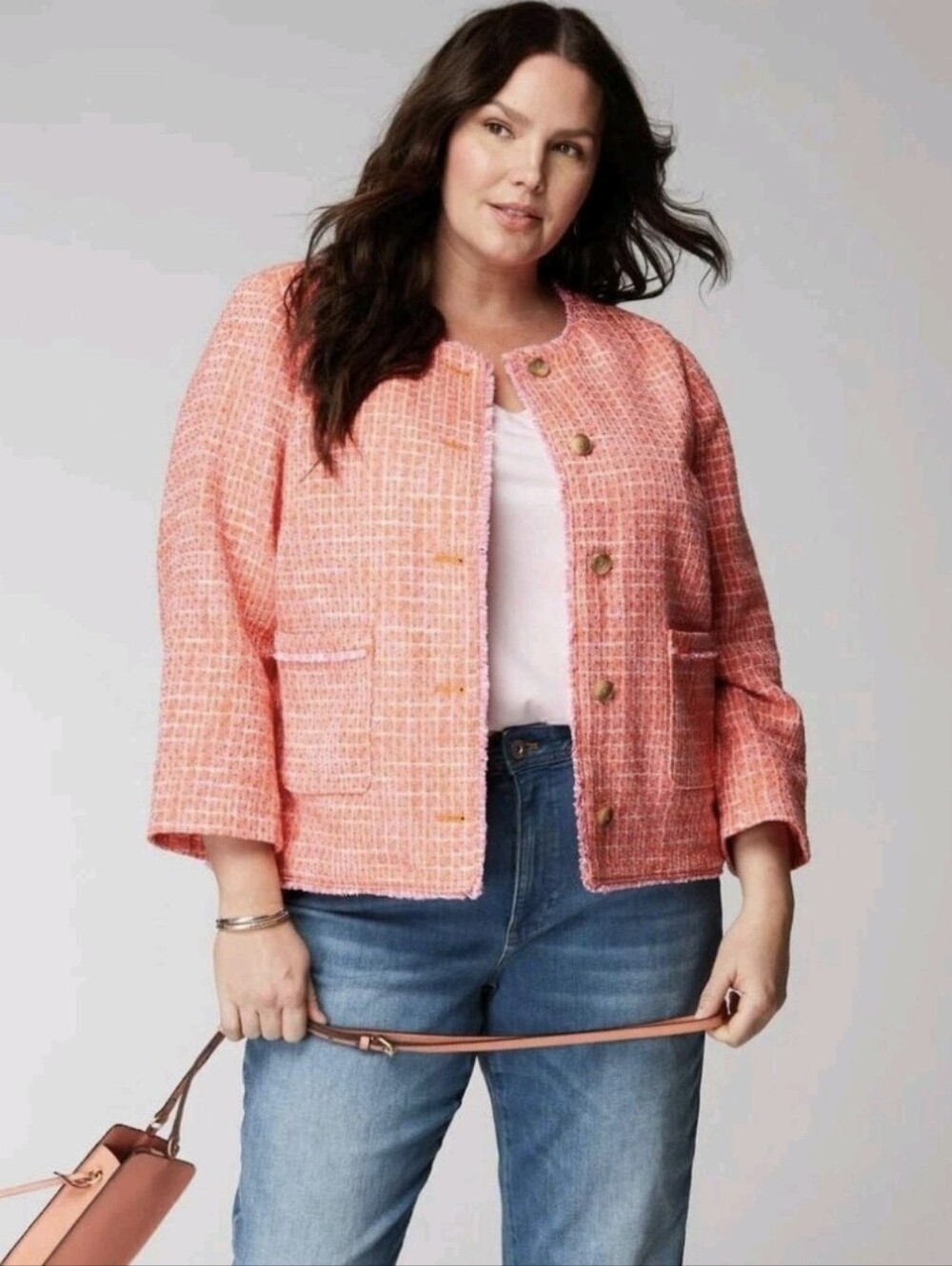 J.JIIL Dahlia Tweed Jacket Blazer Button Front Coral Pink Orange Fringe Size-2X